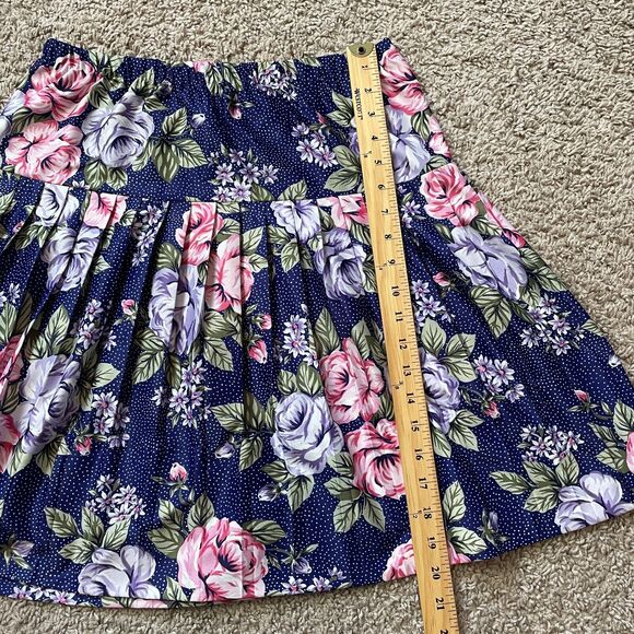 Vintage Pleated Skirt Womens Size 12 Navy Blue Rose Floral A Line Knee Length - Picture 13 of 14
